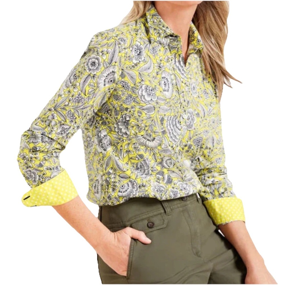 Talbots Size L Petite Herbaceous Vines Yellow Cotton Long Sleeve Button Shirt